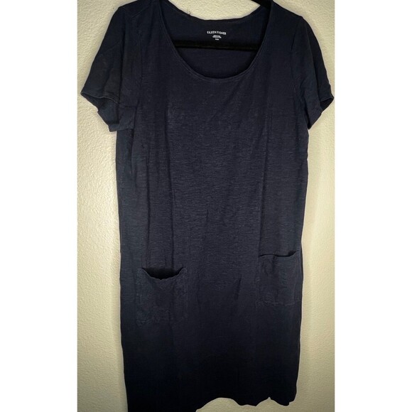 Eileen Fisher Dresses & Skirts - Eileen Fisher Blue Cotton Blend Short Sleeve Scoop Neck Mini Dress M Pockets